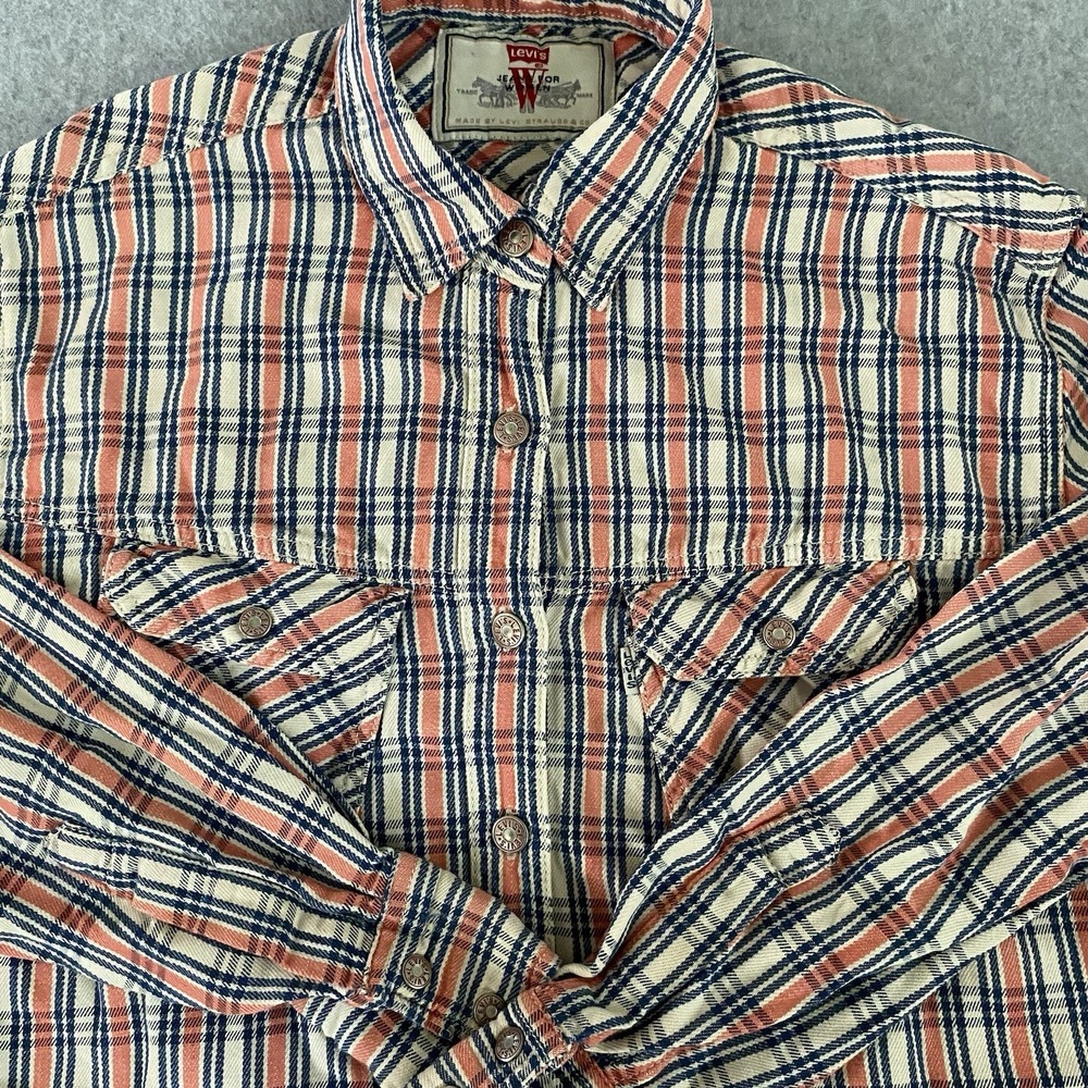 Levi's Crop Western Shirt Women's Medium Plaid Pink Cowboy Stretch Distressed - Picture 2 of 13